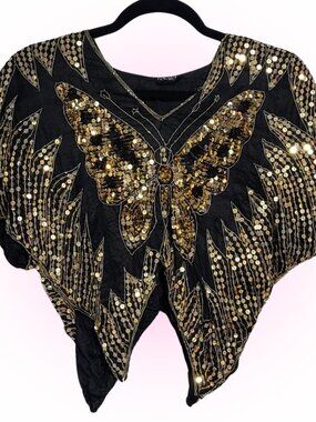SISTER GOLDEN BUTTERFLY SURPRISE SEQUINED CROP TOP EUC O/S M L